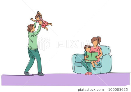Single continuous line drawing of young mother sitting on sofa and reading book to son while father play with daughter at home. Happy family parenting concept. One line draw design vector illustration 100005625
