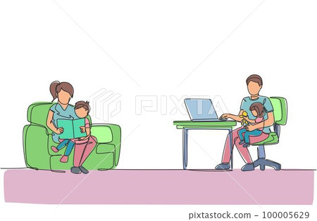 One single line drawing of young mom reading book to son and dad sitting on sofa and typing on laptop at home vector illustration. Happy family parenting concept. Modern continuous line draw design 100005629