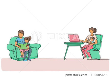 Single continuous line drawing of young father reading book to daughter and mother typing on laptop at home. Happy family parenting concept. Trendy one line draw design vector illustration 100005638