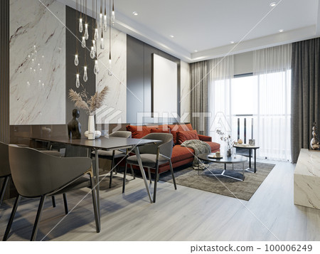 Gray and white interior of the living room with a red sofa in a modern design. 3d rendering. 100006249