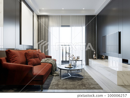 Gray and white interior of the living room with a red sofa in a modern design. 3d rendering. 100006257
