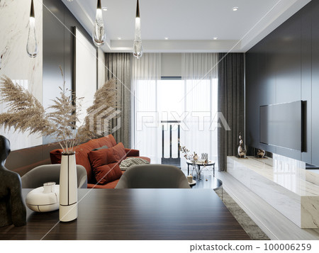 Gray and white interior of the living room with a red sofa in a modern design. 3d rendering. 100006259