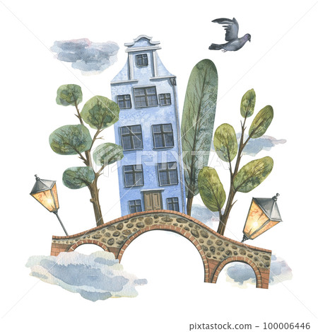 Blue European house with a stone bridge, trees, doves and lanterns. Watercolor illustration. Composition from the EUROPEAN HOUSES collection. For tourism design and brochures, tickets, souvenirs. 100006446