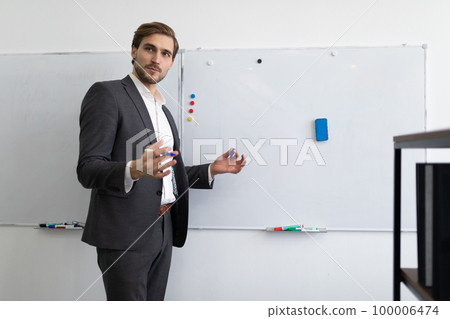 portrait of a male financial worker explaining the situation of the firm in front of the blackboard portrait of a male financial worker explaining the situation of the firm in front of the blackboard 100006474