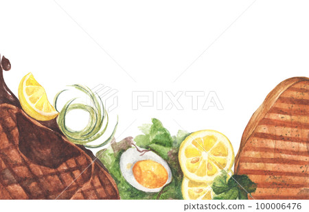 Grilled beef steaks and salad with boiled eggs. Watercolor illustration. Grilled beef steaks and salad with boiled eggs. Watercolor illustration. 100006476