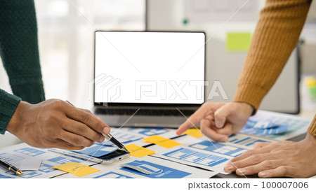 Creative digital development agency. developer team brainstorming on their project with laptop, smartphone and digital tablet. Creative digital development agency. developer team brainstorming on their project with laptop, smartphone and digital tablet. 100007006