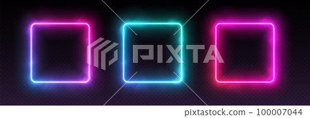 Gradient neon square frames with smoke, led borders with mist effect, transparent glowing haze. 100007044