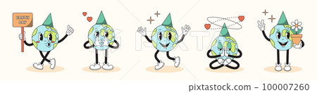 70s trendy retro characters set. Earth Day concept. Vector illustration in a cartoon style 100007260