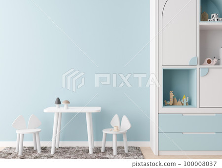 Empty blue wall in modern child room. Mock up interior in contemporary, scandinavian style. Copy space for your artwork, picture or poster. Table with chairs, toys. Cozy room for kids. 3D rendering. 100008037