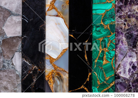 Set of luxury precious stones with gold leafs for exclusive artwork Petrified wood Agate, Tigers Eye, Black Obsidian, Malachite, Smoky Quartz. 100008278