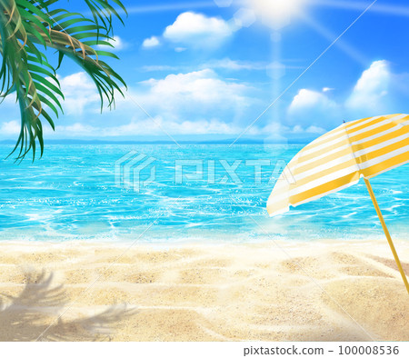 Summer fashionable frame background material with striped parasols and hibiscus blooming by the sea under the blue sky where the sun shines Summer fashionable frame background material with striped parasols and hibiscus blooming by the sea under the blue sky where the sun shines 100008536