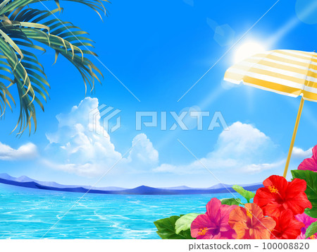 Summer fashionable frame background material with striped parasols and hibiscus blooming by the sea under the blue sky where the sun shines 100008820