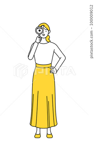 穿著隨意的年輕女子透過放大鏡看 穿著隨意的年輕女子透過放大鏡看 100009012
