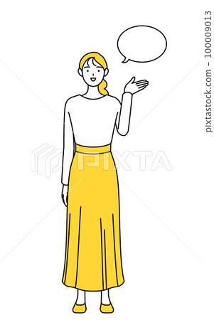 一位穿著休閒服的年輕女性，她用講話泡泡引導 100009013