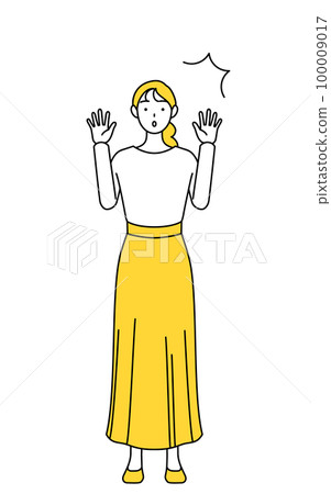 Casual dressed young woman raising her hand in surprise Casual dressed young woman raising her hand in surprise 100009017