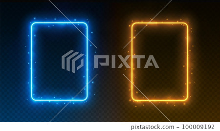 Neon rectangle frames, glowing borders with smoke and sparkles, ice and fire portals concept. Neon rectangle frames, glowing borders with smoke and sparkles, ice and fire portals concept. 100009192