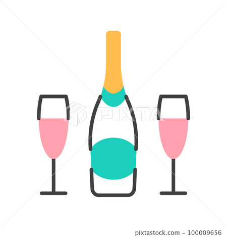 Pink champagne bottle and two glasses flat line icon isolated on white background. Alcoholic beverage with cork sign. Romantic party event minimal symbol logo design Abstract drink illustration Pink champagne bottle and two glasses flat line icon isolated on white background. Alcoholic beverage with cork sign. Romantic party event minimal symbol logo design Abstract drink illustration 100009656