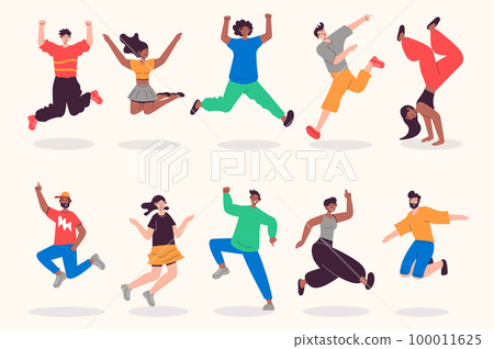 People jumping set in flat design. Happy men and women jump and celebrating at party and entertainment, winner expression. Bundle of diverse characters. Vector illustration isolated persons for web People jumping set in flat design. Happy men and women jump and celebrating at party and entertainment, winner expression. Bundle of diverse characters. Vector illustration isolated persons for web 100011625