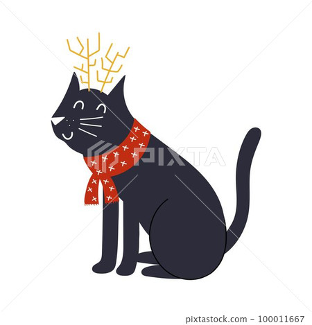 Cute cat with reindeer horns. Funny winter print in cartoon style Cute cat with reindeer horns. Funny winter print in cartoon style 100011667