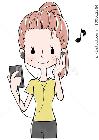 Illustration of a woman using earphones connected to a smartphone 100012284