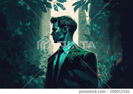 Businsessman walking down city street at night, cyberpunk art, retrofuturism, dystopian art, sci-fi post-apocalyptic city overtaken by trees and vines. Abstract career chalenge in city jungle concept 100012581