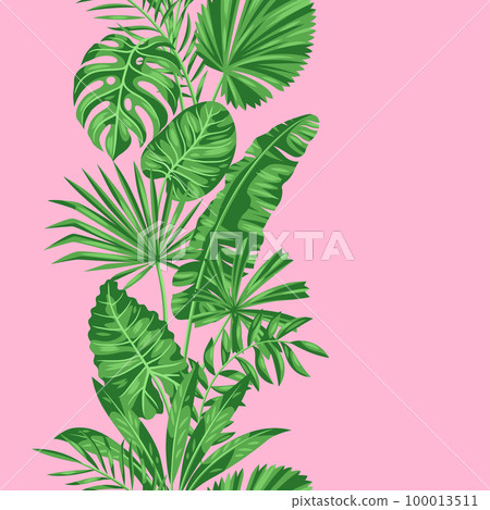 Seamless pattern with stylized palm leaves. Image of tropical foliage and plants. 100013511