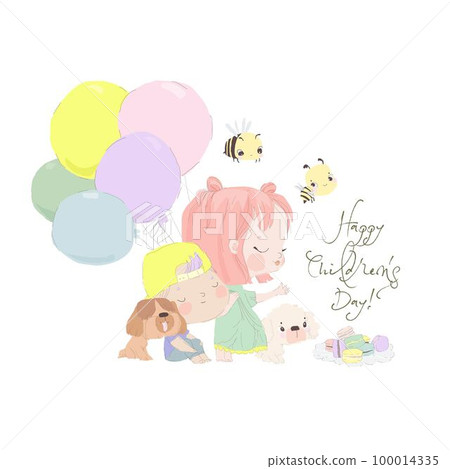 Cute Little Girl with Boy holding Colorful Balloons. Happy Children s Day 100014335
