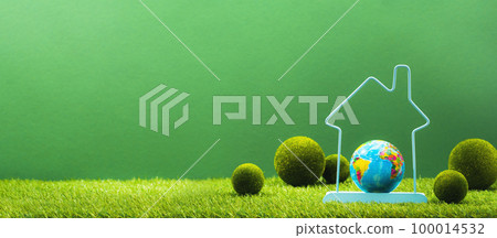 Earth Day. Earth globe in house frame in green background. Environment day, save clean planet, ecology concept. Renewable energy efficient technologies. Climate change and global warming banner Earth Day. Earth globe in house frame in green background. Environment day, save clean planet, ecology concept. Renewable energy efficient technologies. Climate change and global warming banner 100014532
