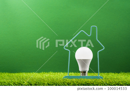 Glowing LED light bulb inside house frame on green grass background. Green energy saving and smart house solutions. Sustainable consumption. Earth Day Glowing LED light bulb inside house frame on green grass background. Green energy saving and smart house solutions. Sustainable consumption. Earth Day 100014533