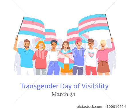 International Transgender Day of Visibility celebration. Trans Visibility March. Group of young happy men and women hugging each other and holding transgender pride flags on pride parade. 100014534