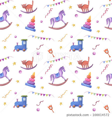 Watercolor seamless pattern of kid wooden toys isolated on white background. Hand painted illustration for children print, poster, decor, wallpaper, wrapping, fabric, textile. 100014572