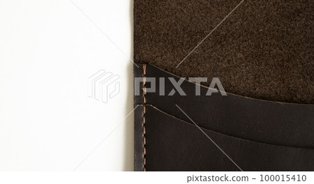 Details of open brown elegance men's wallet on a white background. Mens leather accessories. 100015410