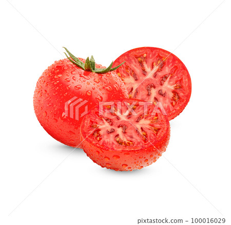 Fresh tomatoes with water drops isolated on white background 100016029