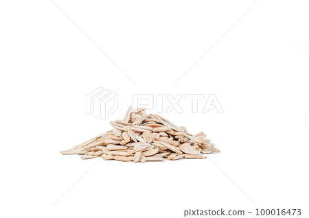 Heap of raw shelled sunflower seeds isolated on white background from above Heap of raw shelled sunflower seeds isolated on white background from above 100016473