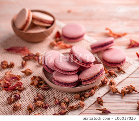 Still life composition of pink macaroons Still life composition of pink macaroons 100017020