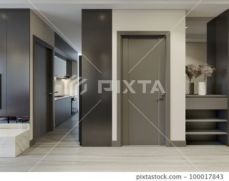 Modern entrance hallway in gray with shoe rack and mirror. 100017843