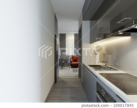 Minimalistic modern style kitchen in grey. 3d rendering. Minimalistic modern style kitchen in grey. 3d rendering. 100017845
