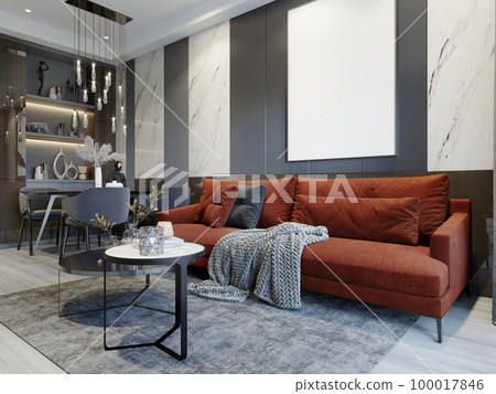 Red sofa in the living room with gray and white walls in contemporary style with white canvas and coffee tables. Red sofa in the living room with gray and white walls in contemporary style with white canvas and coffee tables. 100017846