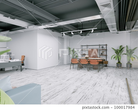 Modern office with open space and meeting area with orange furniture. 100017984