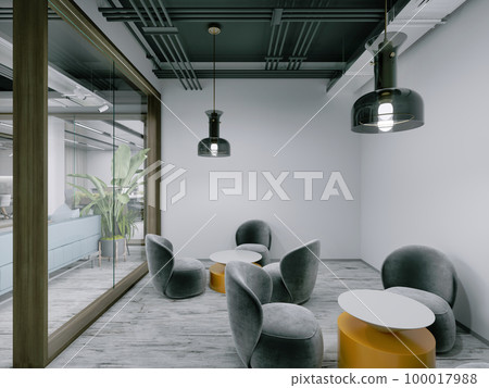 Recreation and waiting area in an open office with upholstered furniture. 100017988