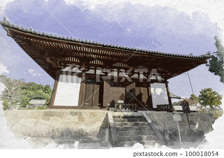 奈良縣葛城市水彩風格的當馬寺本堂 100018054