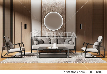 Frontal view of a designer interior with a gray sofa and two armchairs with a wooden wall and a stylized circle at the back. 100018078