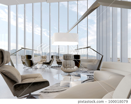 A real estate sales office with a large modern interior with seating area for negotiation and building mock-up for display. A real estate sales office with a large modern interior with seating area for negotiation and building mock-up for display. 100018079