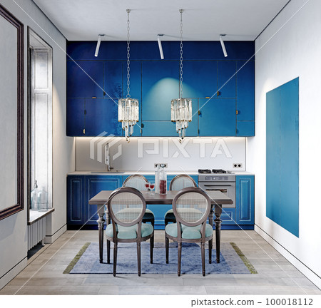 Modern classic kitchen with black dining table and chairs and light blue kitchen furniture and white walls. 100018112