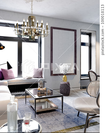 Modern classic living room in white and light blue style with white sofa and black wicker furniture. 100018113