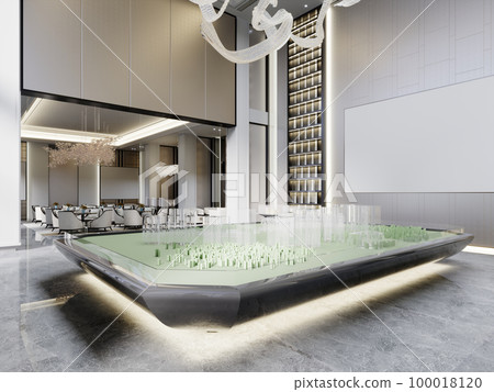 Real estate sales office with a large scale model of buildings and structures with high ceilings and areas for negotiations. 100018120