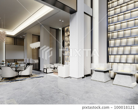 Lobby and entrance to the hotel with a seating and meeting area with high ceilings and bright interior space. 100018121