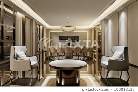 Large living room in trendy classic style with a seating area with two white armchairs and a magazine table and a large round dining table. 100018125