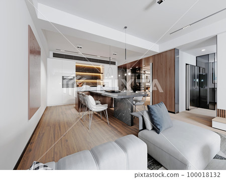 Designer kitchen studio and living room with kitchen island with attached dining table with designer chairs in light colors and slat furniture. 100018132
