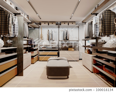 Fashionable spacious dressing room with shelves and hangers with clothes in contemporary style. 100018134